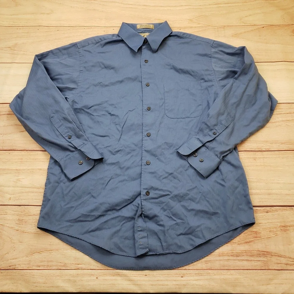 Croft & Barrow‎ Shirt Mens 15.5 Blue Herringbone Twill Button Up Long Sleeve